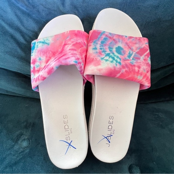 JSLIDES BRIT TIE DYE PINK PLATFORM SLIP ON SLIDES SIZE 8.5 RETAIL $206. - Picture 9 of 9